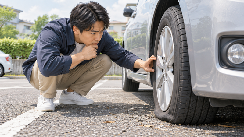 駐車場でパンクしたタイヤの側面や接地面を確認する男性