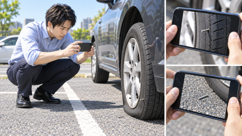 タイヤに刺さった異物や周囲の状況を触らずスマートフォンで記録する男性