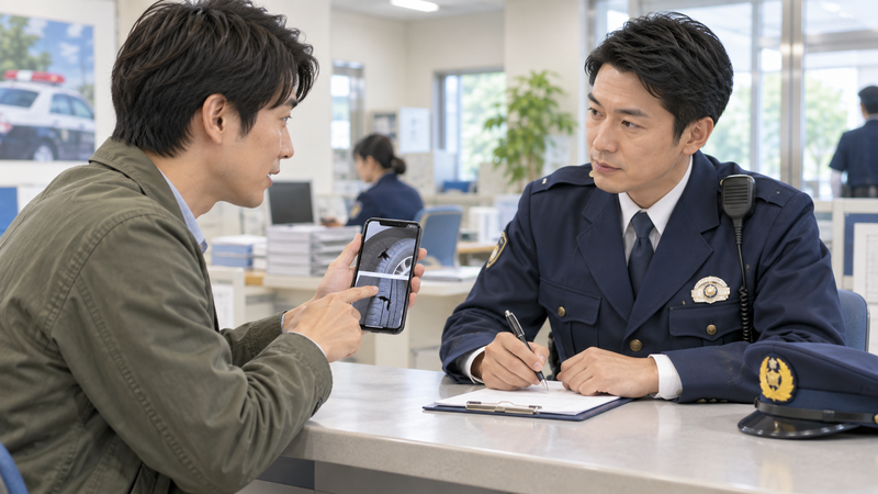 タイヤの損傷写真をスマートフォンで見せながら警察官に被害を相談する男性