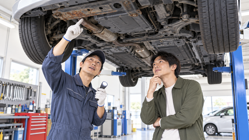 リフトアップした車の下で整備士がオーナーに下回りの状態を説明している様子