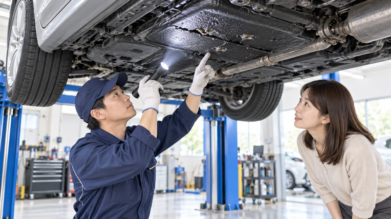 リフトアップした車の下で整備士がライトを使ってコーティングの状態を点検している様子
