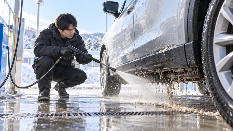 冬の洗車場で高圧洗浄機を使って車の下回りを洗い流す男性