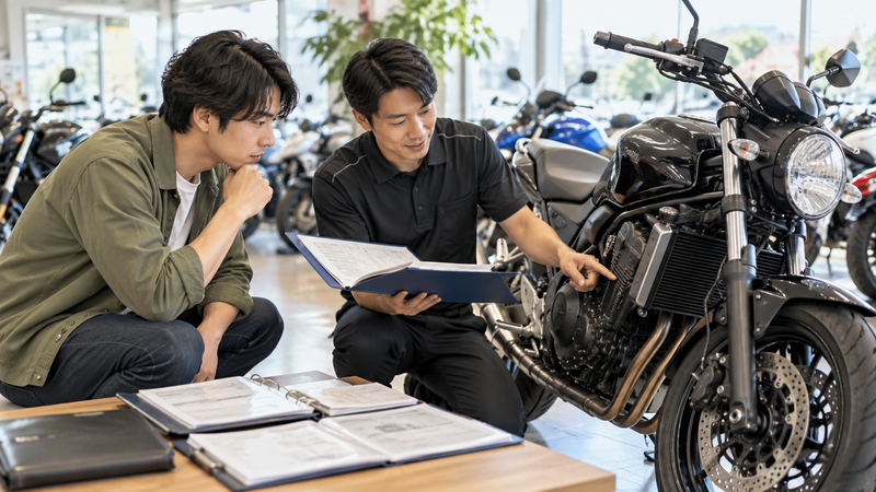バイク販売店で中古250ccバイクの書類や整備状態についてスタッフから説明を受ける男性