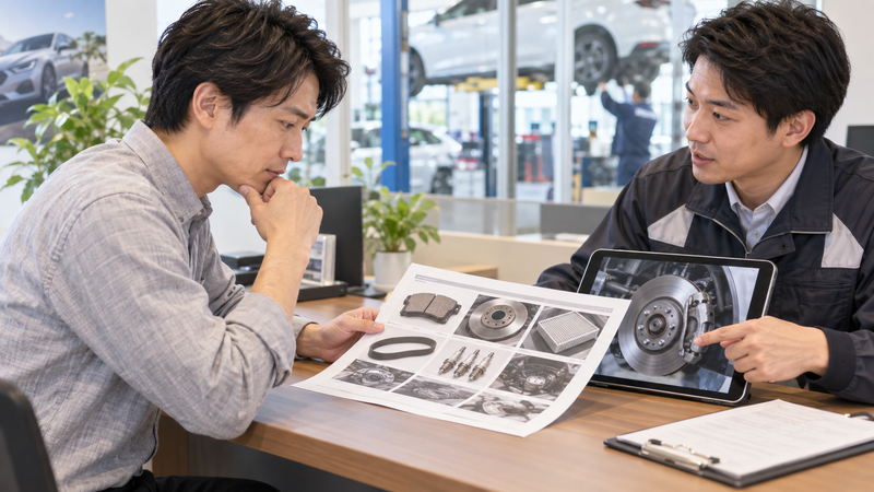 車検の見積もりについて整備士から部品写真を見ながら詳しい説明を受ける男性