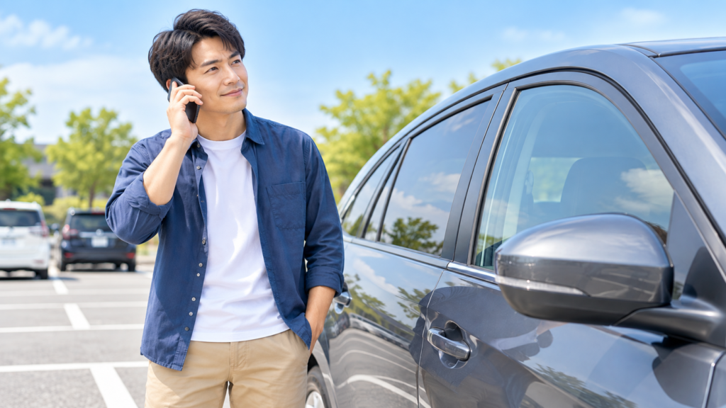 車の鍵のトラブルについて、ロードサービスや業者に電話で相談している男性
