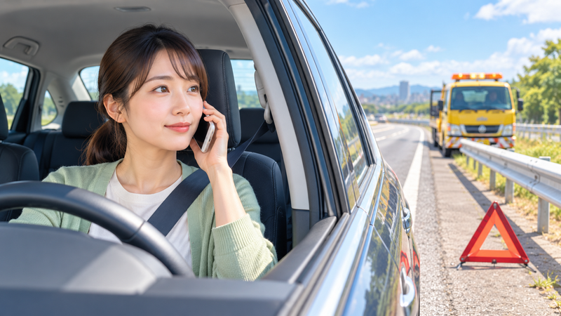 安全な場所に車を停めてロードサービスや整備工場へ電話で相談するドライバー
