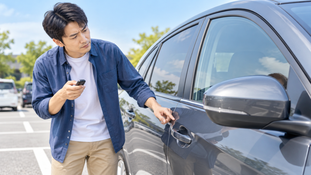 車の鍵が閉まらず、駐車場でスマートキーを手に持ちながらドアの状態を確認している男性