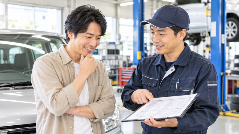整備工場で整備士と修理費用の見積もりについて相談する車の持ち主