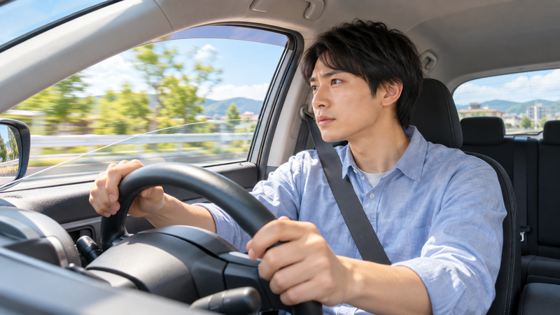 運転席の窓を少し開けて車の異音やカラカラ音が鳴る条件を確認するドライバー